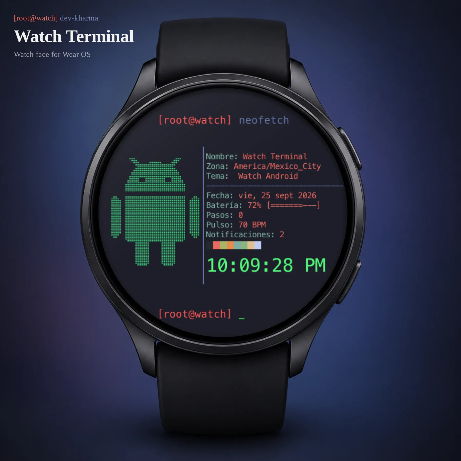 Esfera Watch Terminal con el logo de Android y los datos del reloj en texto