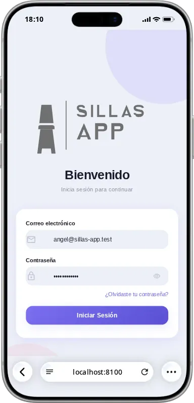 Pantalla de acceso de Sillas App