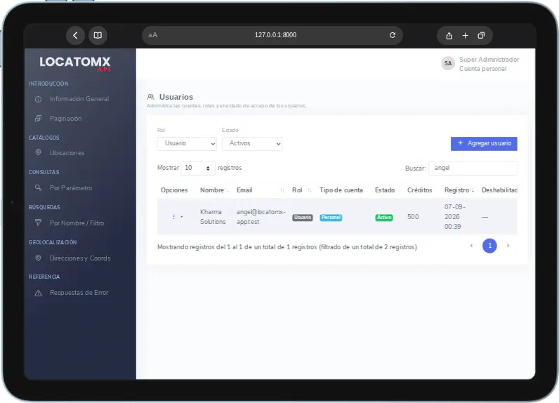Administración de usuarios de la API