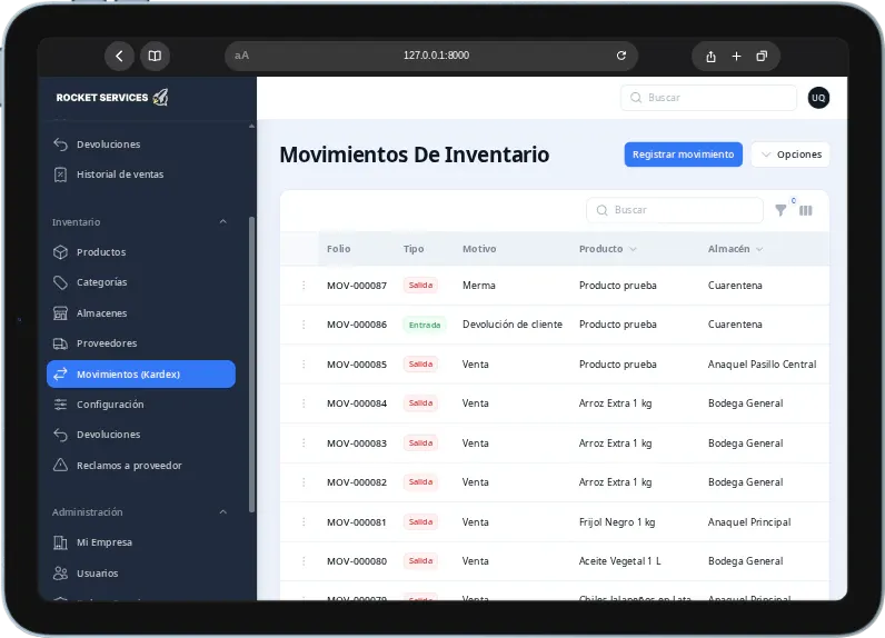 Historial de movimientos de inventario
